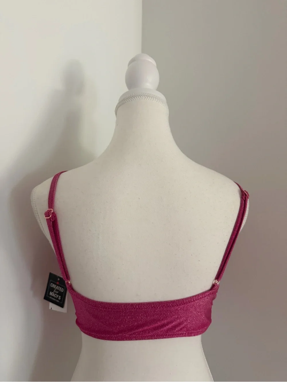 Macy’s NWT sparkly pink bikini top/ swimwear with open back and cowl neck size M